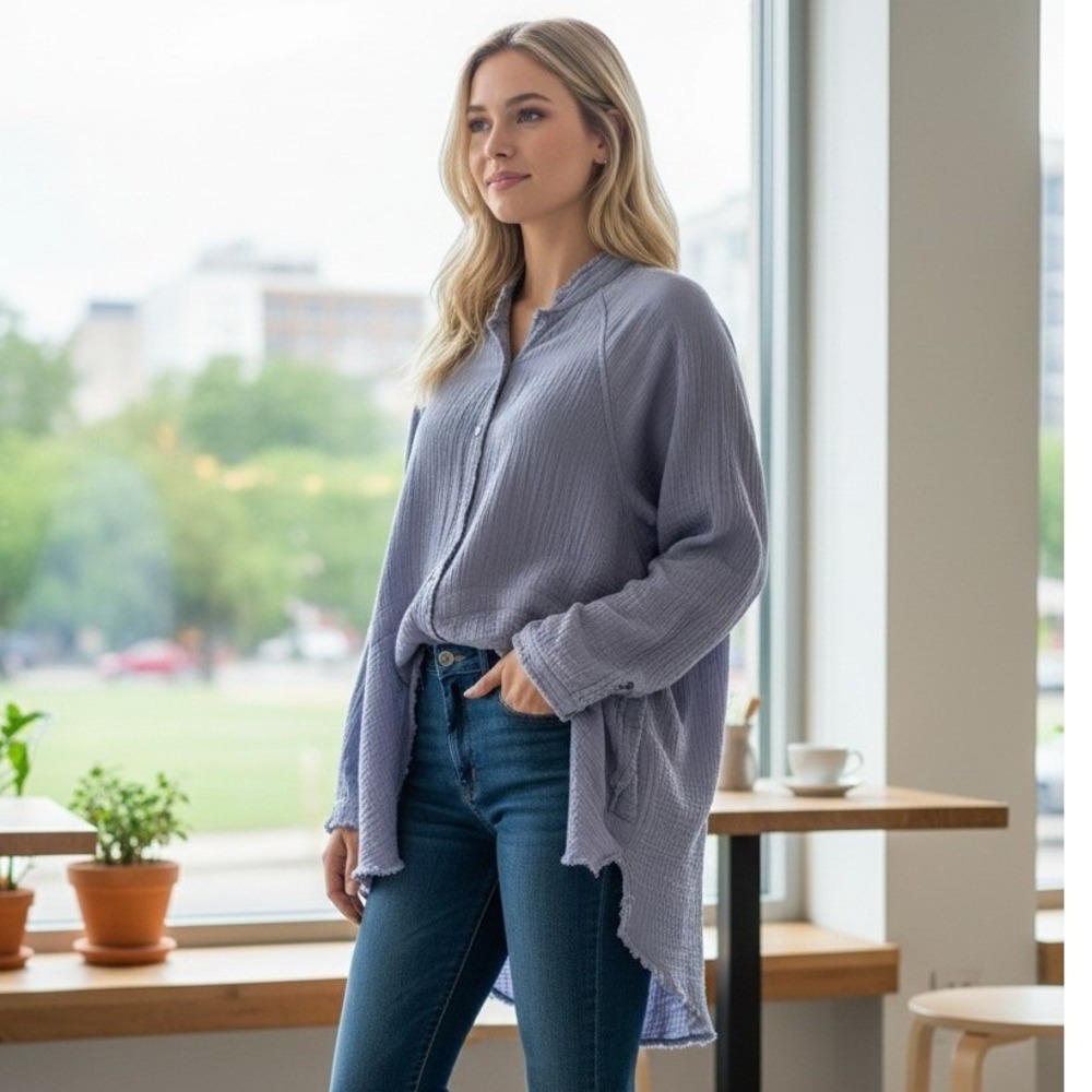 Flawless Cotton Gauze Button Down Shirt Periwinkle Blue Raw Edge Tunic